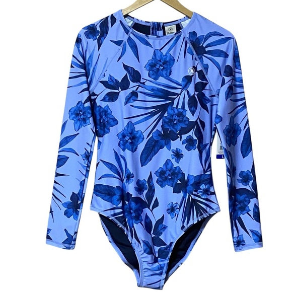 Hurley Floral Print Long Sleeve One Piece Rash Guard Swimsuit L Blue NWT - Picture 1 of 8